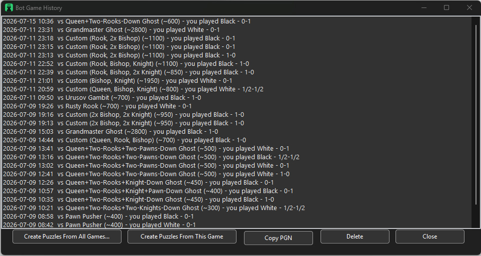 History of games played against the bot