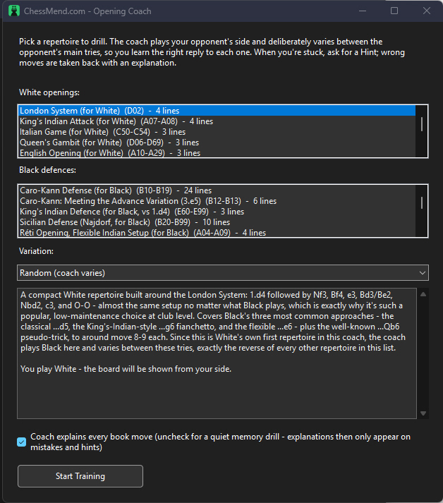 Repertoire picker, White and Black libraries